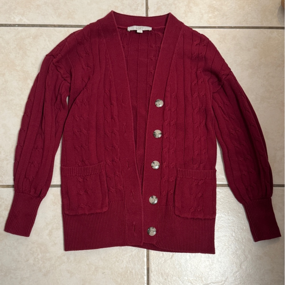 LOFT Deep Red Cable Knit Cardigan